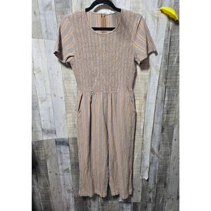 Roolee Brown Stripe Cropped Wide Leg Smocked Jumpsuit Boho Western Indie